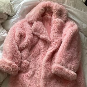 Oversized pink faux fur coat